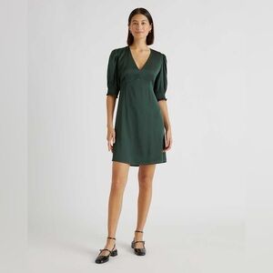 Quince Washable Stretch Silk Puff Sleeve Mini Dress, forest green, size M